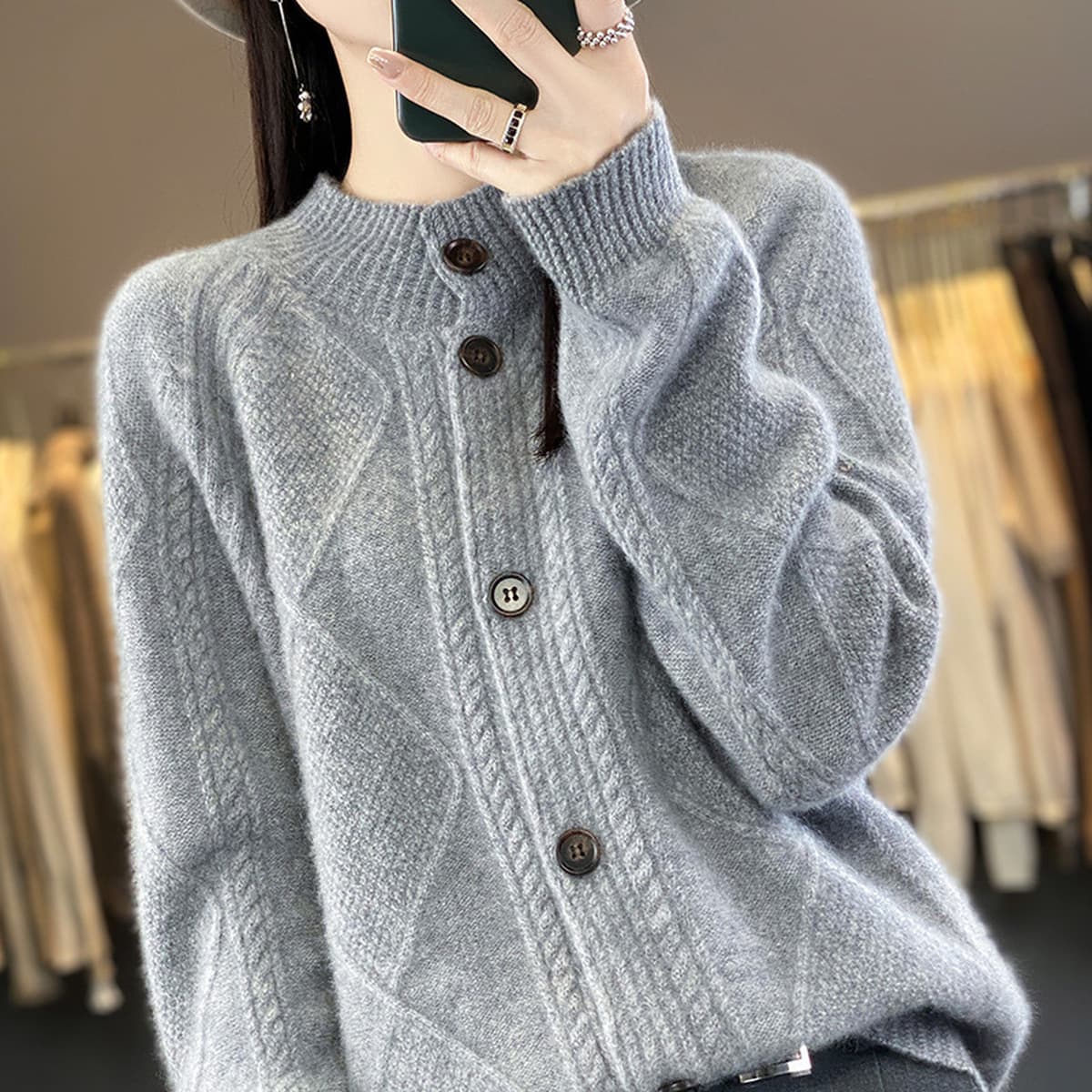 Осенний и зимний новый 100% чистый шерстяной кардиган женский полувысокий воротник
