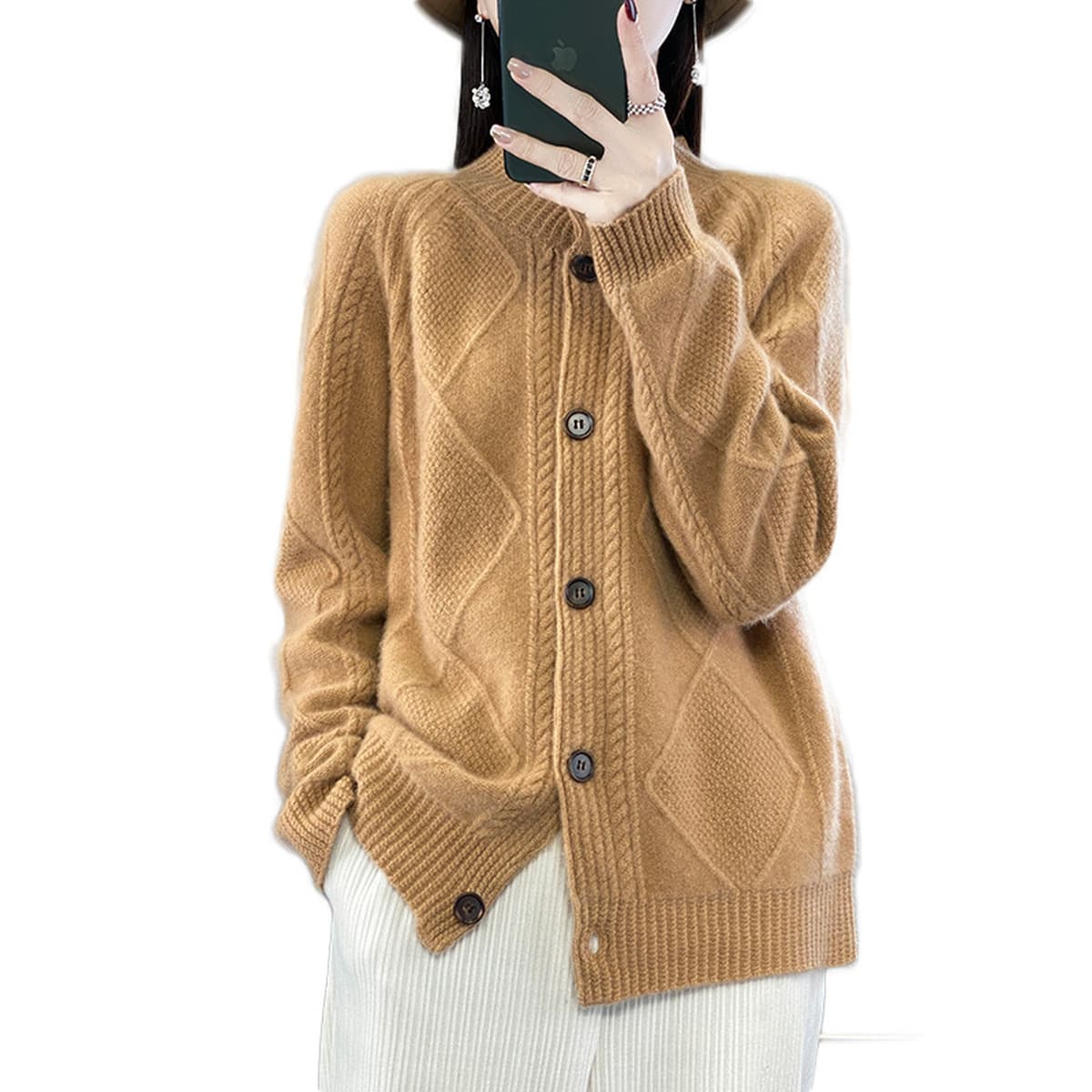 Осенний и зимний новый 100% чистый шерстяной кардиган женский полувысокий воротник