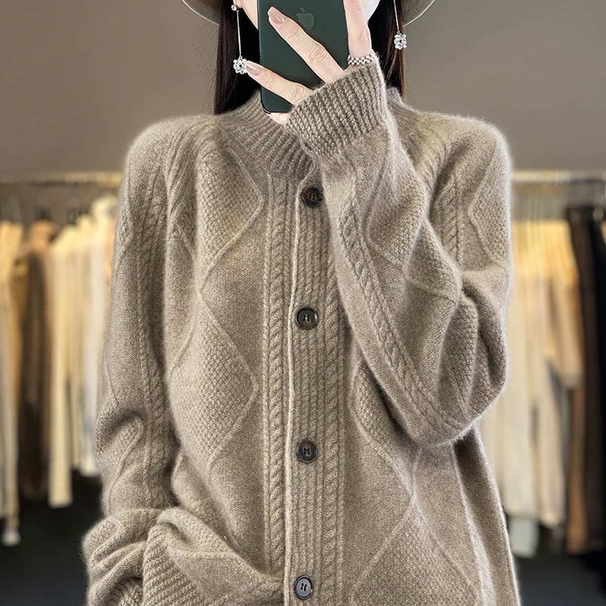 Осенний и зимний новый 100% чистый шерстяной кардиган женский полувысокий воротник