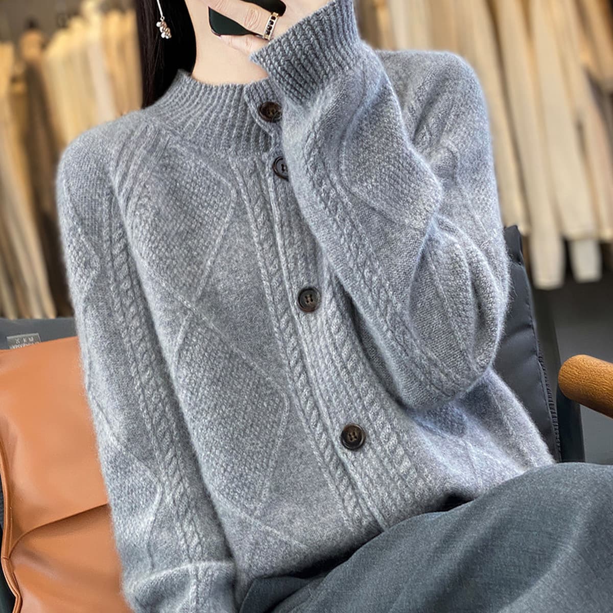 Осенний и зимний новый 100% чистый шерстяной кардиган женский полувысокий воротник