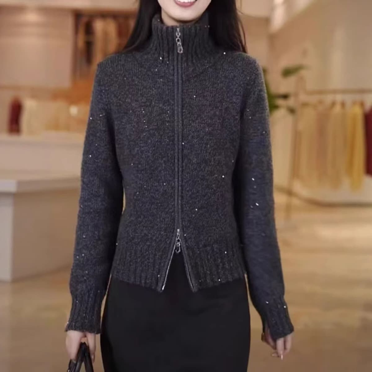 Женский свитер-кардиган с высоким воротником, осенне-зимний, в стиле «ленивый шик», стройнящий, с двойной молнией, вязаный,...