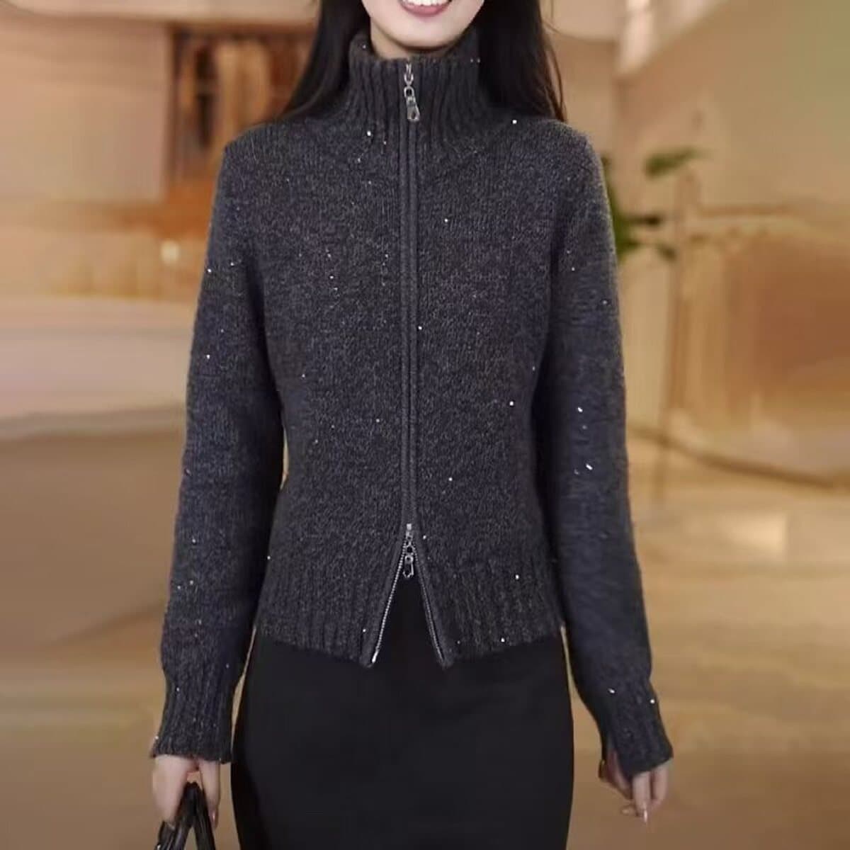 Женский свитер-кардиган с высоким воротником, осенне-зимний, в стиле «ленивый шик», стройнящий, с двойной молнией, вязаный,...