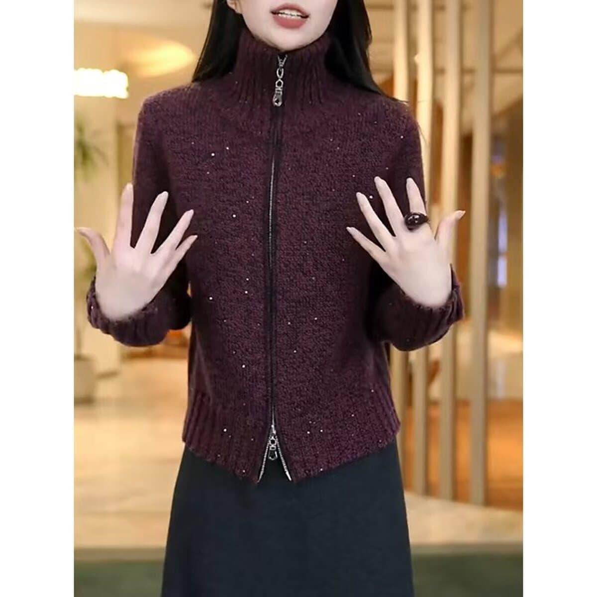 Женский свитер-кардиган с высоким воротником, осенне-зимний, в стиле «ленивый шик», стройнящий, с двойной молнией, вязаный,...