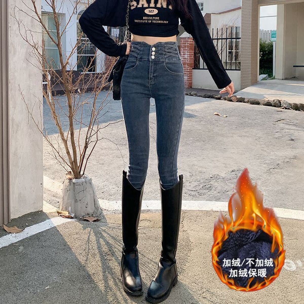 Утолщенные Серые Цементные джинсы с завышенной талией на флисовой подкладке, Женские Новые облегающие эластичные...