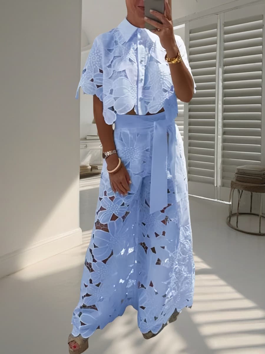 2025 летний новый трансграничный европейский и американский женский костюм сплошной цвет повседневный ажурный кардиган топ...