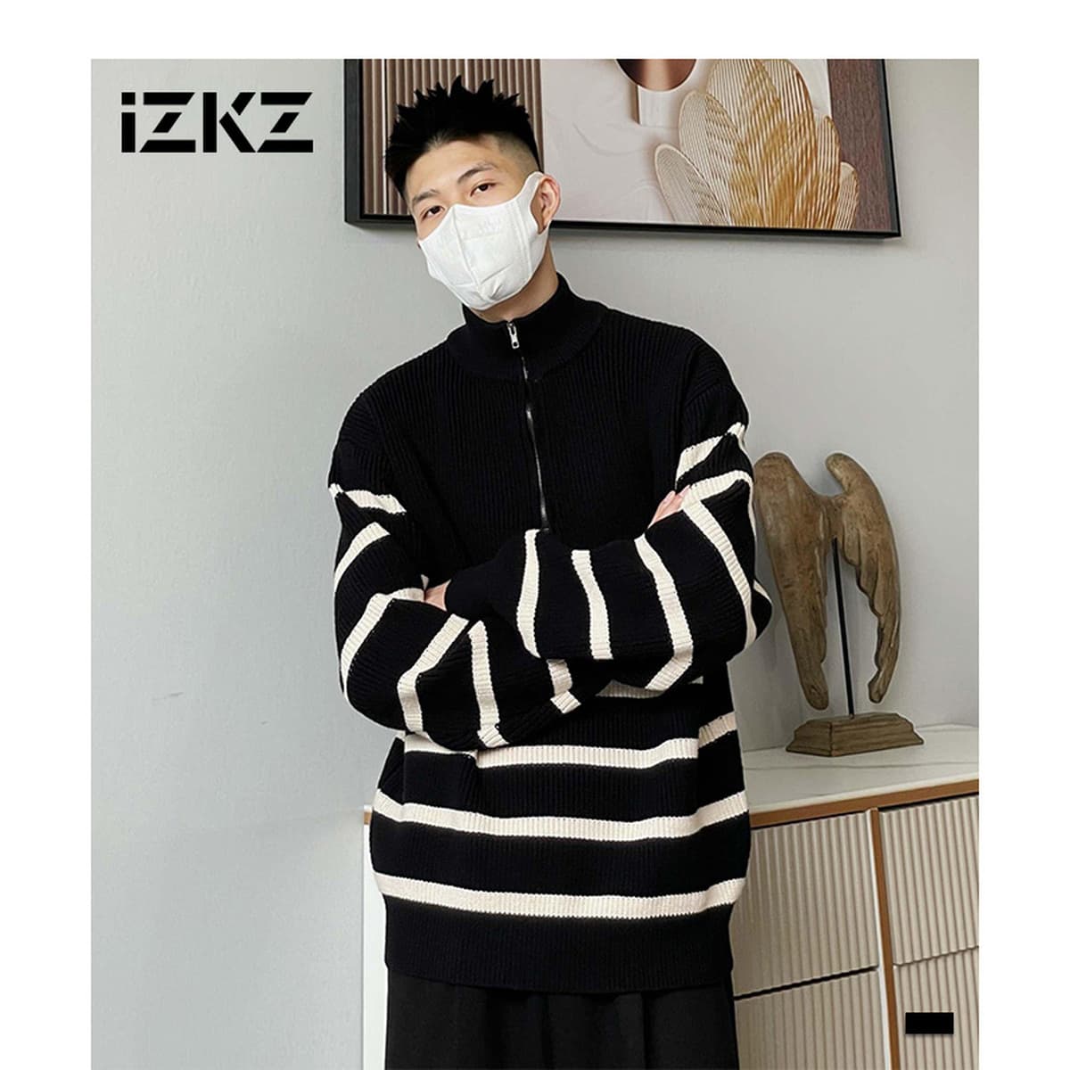 Мужские свитера осень-зима новая мужская одежда теплая внутренняя нить в полоску стоячий воротник свободный большой размер...