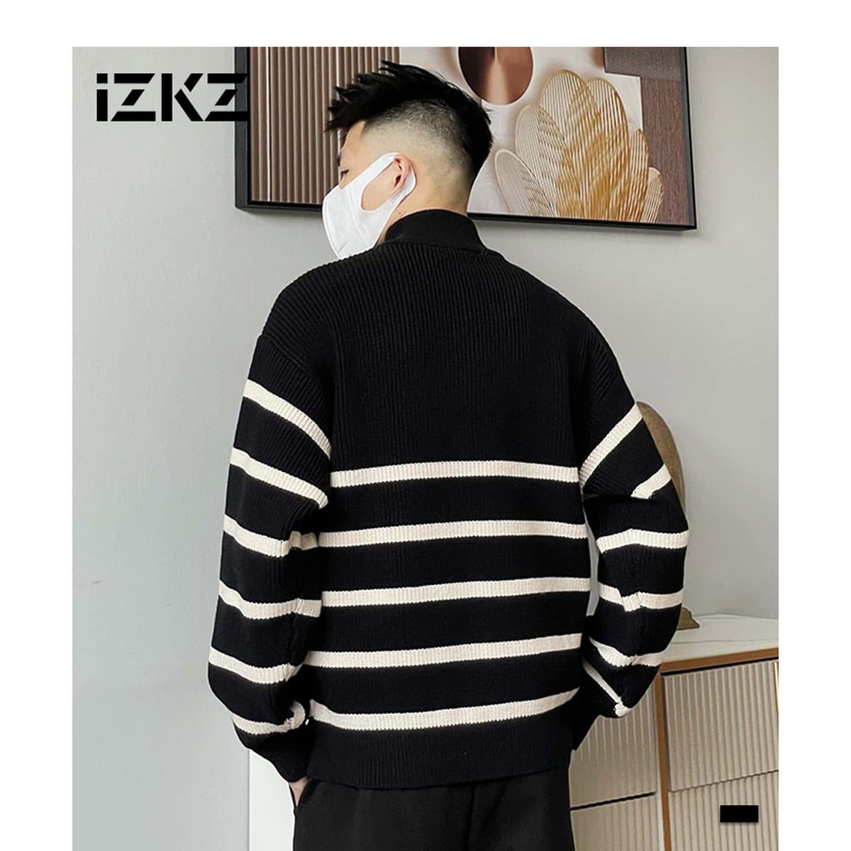 Мужские свитера осень-зима новая мужская одежда теплая внутренняя нить в полоску стоячий воротник свободный большой размер...