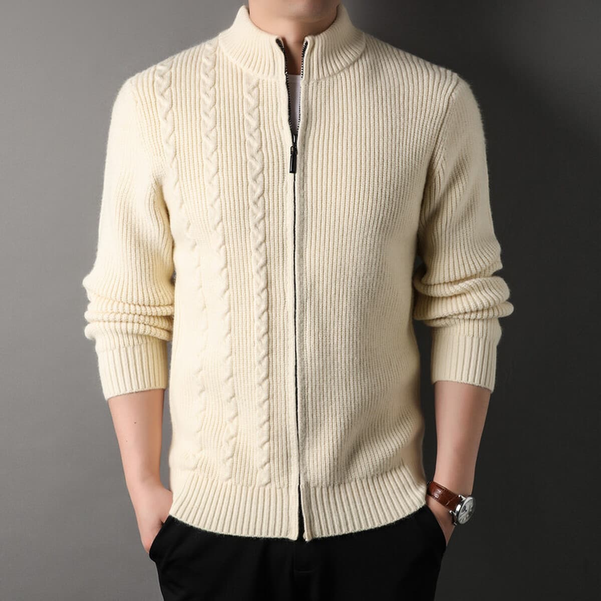 Водолазка Мужской 2023 осенне-зимний свободный Универсальный однотонный кардиган на молнии с воротником-стойкой, вязаный...