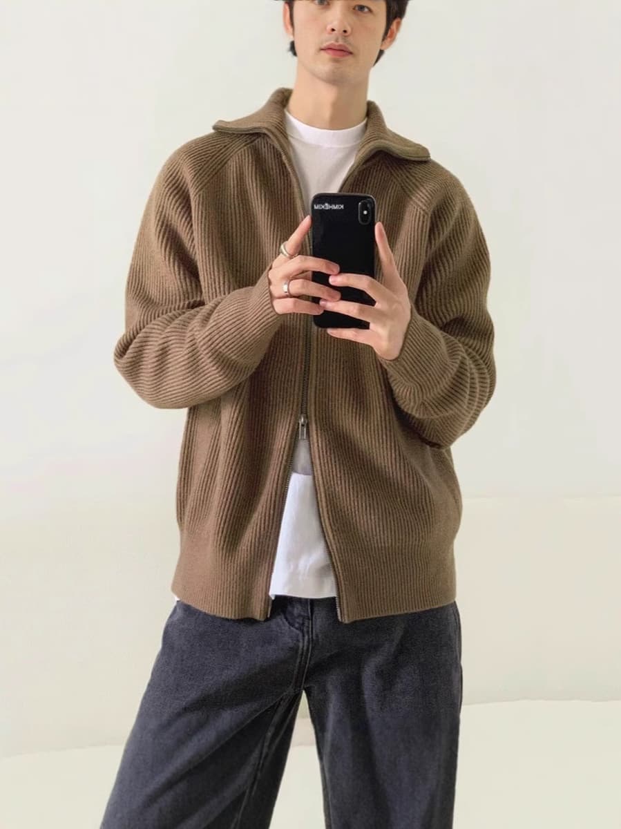 2024 новый полувысокий воротник двойной открытый свитер на молнии мужской осенний и зимний свободный ленивый свитер свитер...