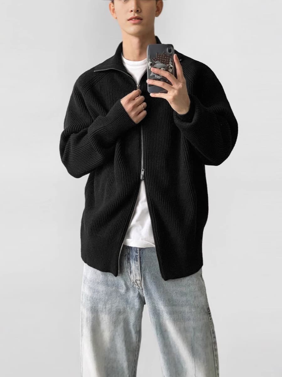 2024 новый полувысокий воротник двойной открытый свитер на молнии мужской осенний и зимний свободный ленивый свитер свитер...