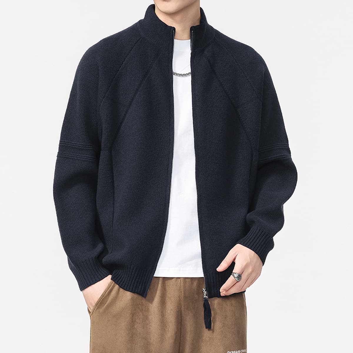 Мужской трикотажный кардиган с полугольфом и молнией, осень-зима 2025, новый свободный крой, однотонный, американский ретро...