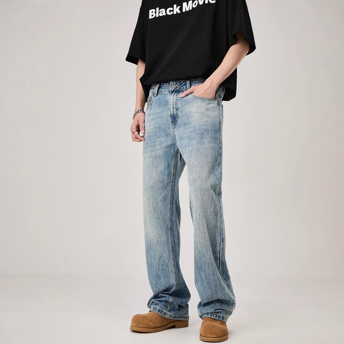 Мужские рваные широкие джинсы в американском стиле, драпированные, свободные, облегающие, повседневные универсальные прямые...