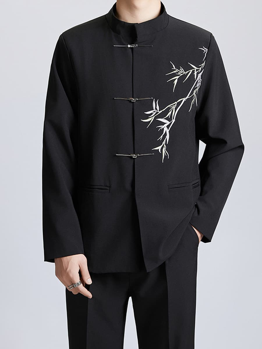 Новый китайский стиль китайского стиля Zhongshan костюм зеленый бамбук с пряжкой и воротником пиджак мужской костюм высокого...