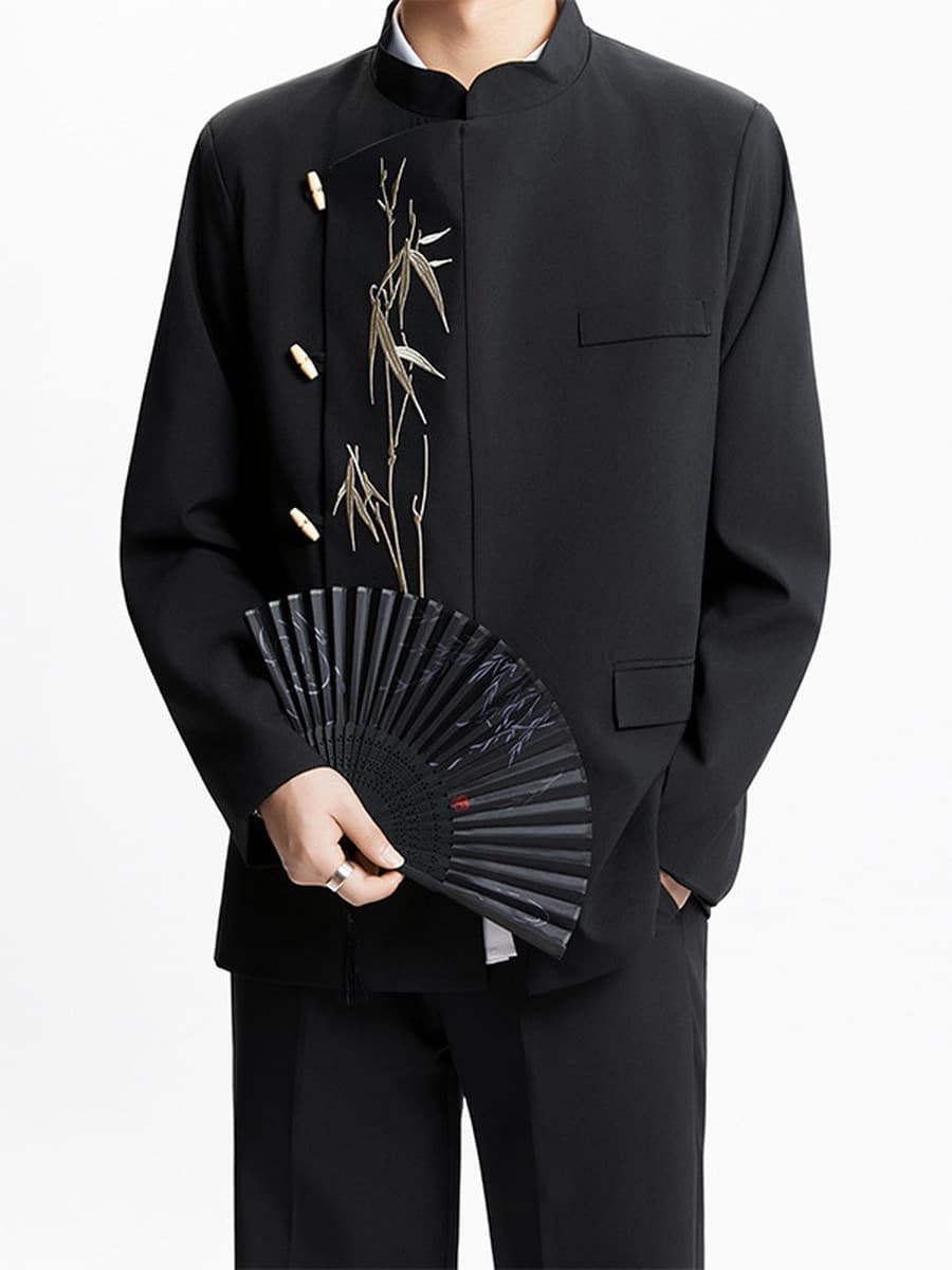 Новый китайский стиль китайского стиля Zhongshan костюм зеленый бамбук с пряжкой и воротником пиджак мужской костюм высокого...