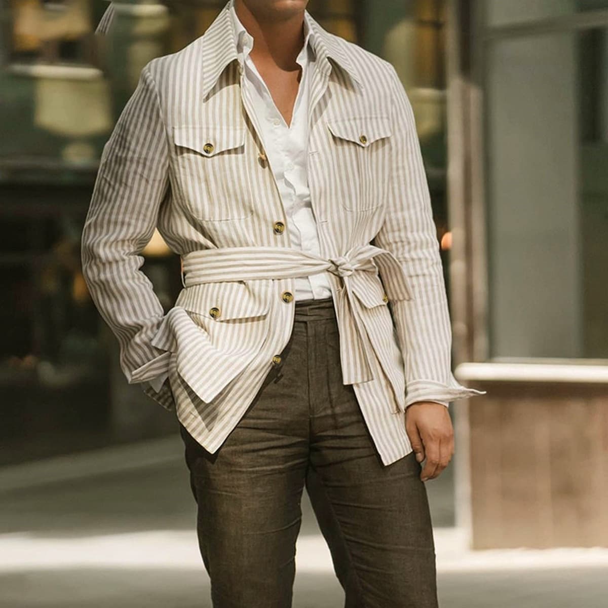 Трансграничная амазонка горячие продажи весенне-осенние мужские полосатые мульти-карманы с длинными рукавами модные...