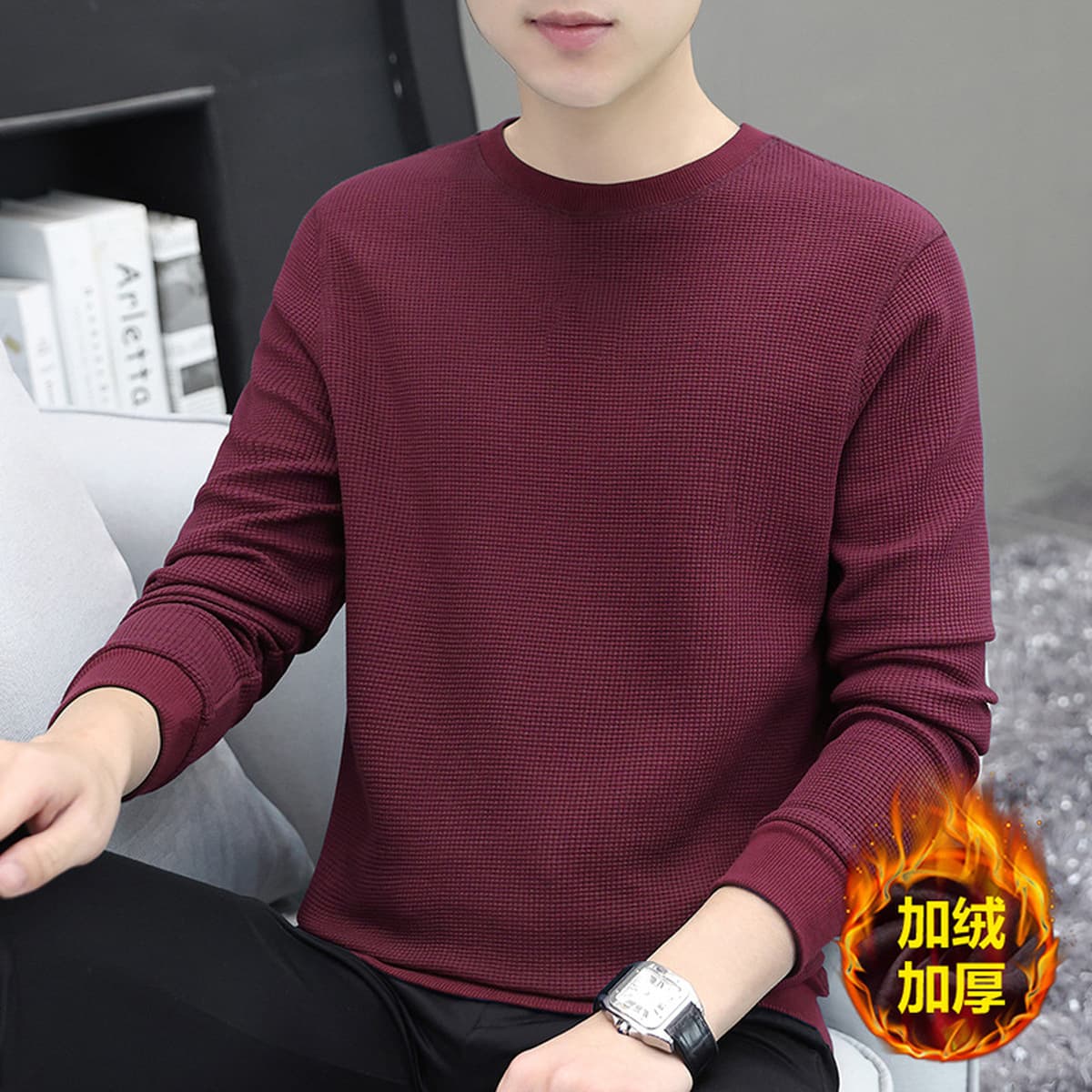 Мужская толстовка из плотного вафельного трикотажа 320 г, с длинным рукавом, новая модная базовая футболка-топ для осени и...