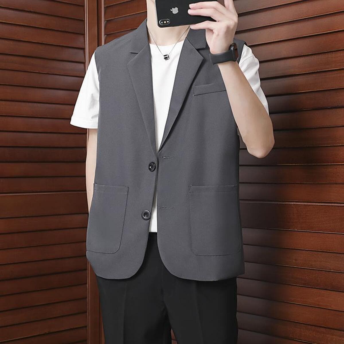 Летний свободный повседневный костюм, жилет, универсальный мужской корейский стиль, модная куртка без рукавов, красивый...