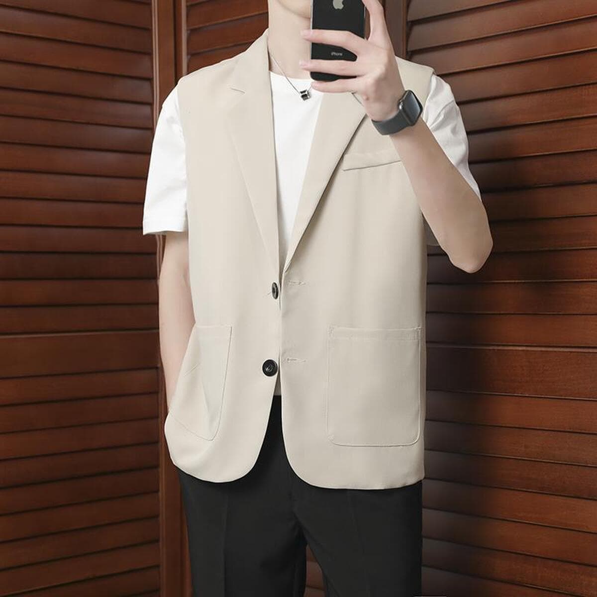 Летний свободный повседневный костюм, жилет, универсальный мужской корейский стиль, модная куртка без рукавов, красивый...