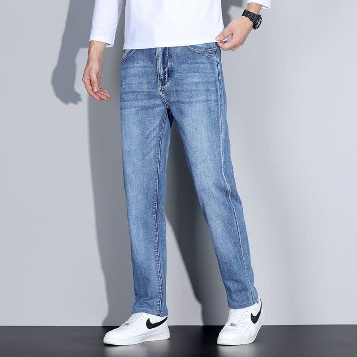 Удлиненные мужские джинсы для осени и зимы, плотные прямые свободные эластичные модные трендовые высококачественные мужские...