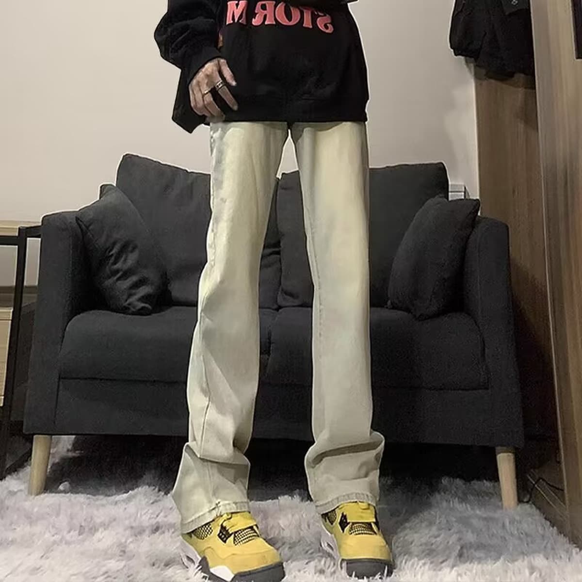 2025 желтые грязевые джинсы с высокой талией мужские весенне-осенние новые американские высокие уличные брюки vibe высокие...