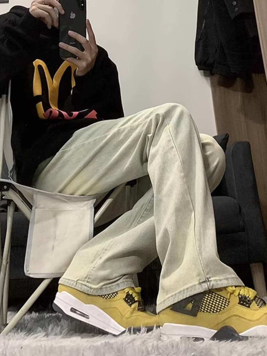 2025 желтые грязевые джинсы с высокой талией мужские весенне-осенние новые американские высокие уличные брюки vibe высокие...