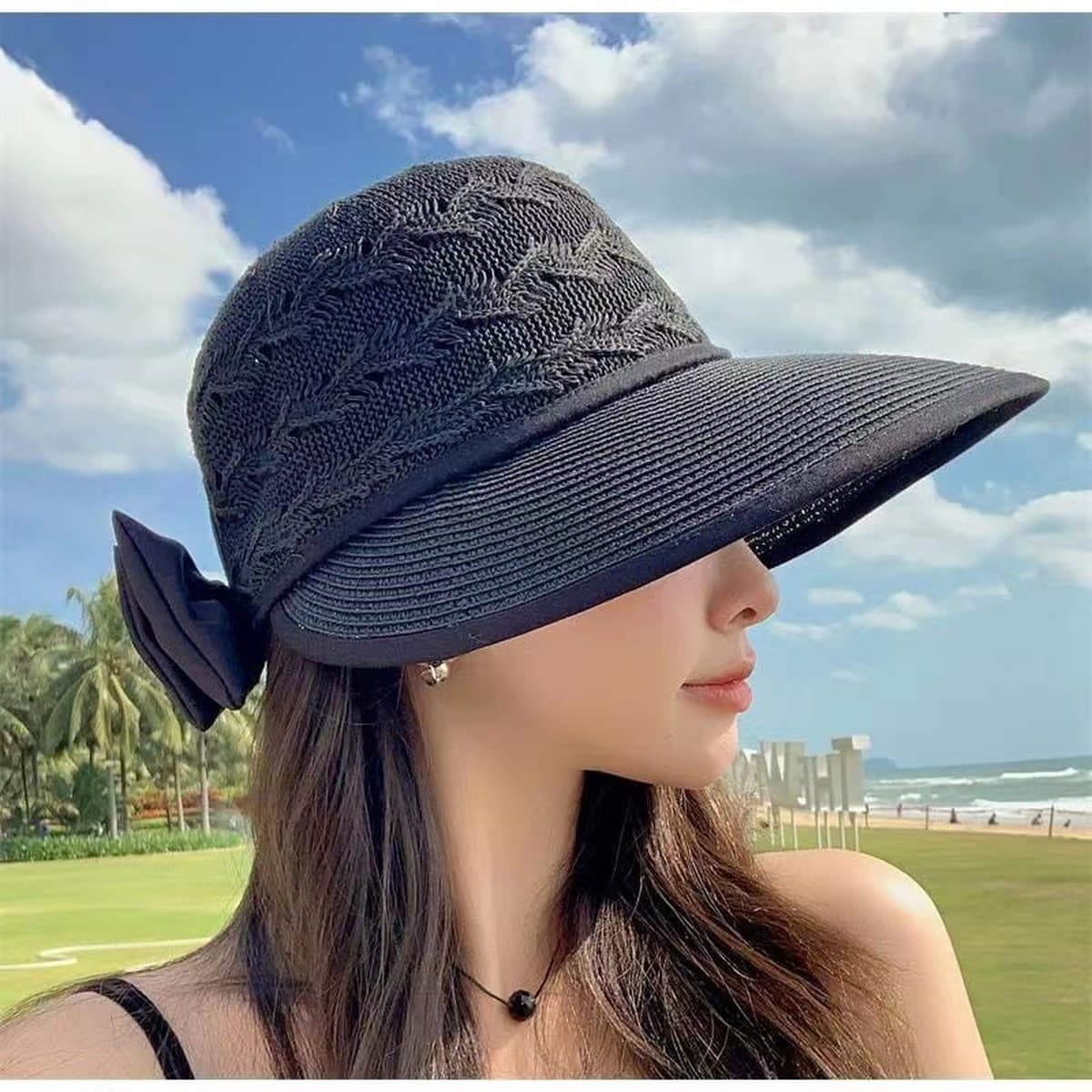 2023 Новая корейская модная соломенная шляпа полый дышащий солнцезащитный козырек с бантом Солнцезащитная шляпа простая...