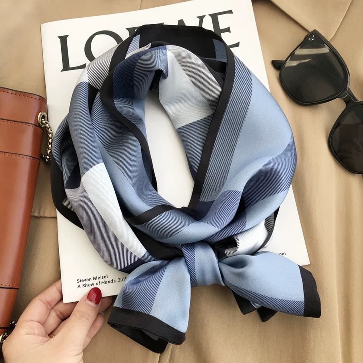 Синий клетчатый шелковый шарф из шелковицы, стильная весенне-осенняя мода, универсальный двухслойный шелковый шарф, длинный...