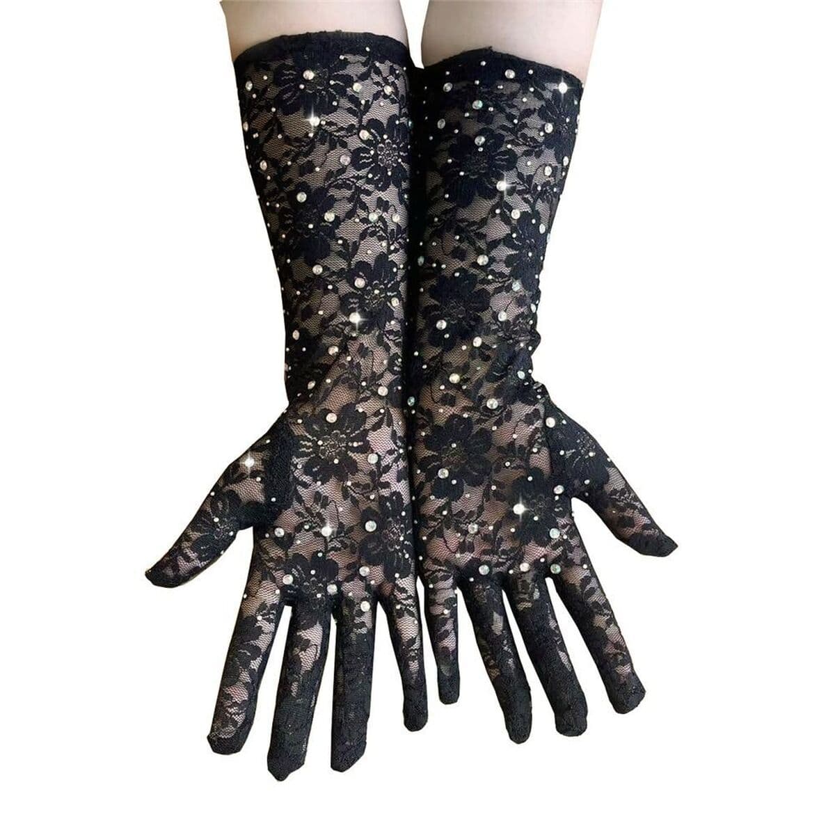 Кружевные сексуальные перчатки средней длины со стразами, женское черное платье, сценическое представление, фотография,...