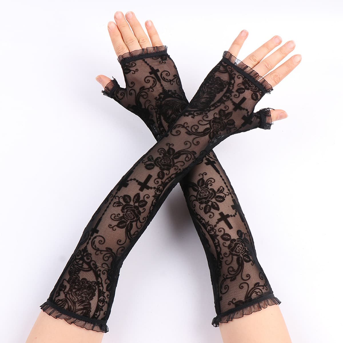 Кружевные солнцезащитные перчатки с половиной пальца, костюм с длинными рукавами, костюм без пальцев, темный косплей,...