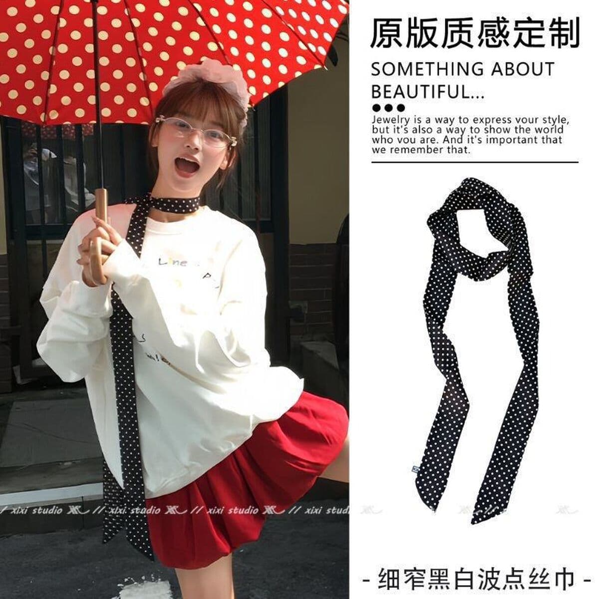 Корейская версия черно-белого шарфа с точечным шарфом женский весенний 2025 новый продвинутый сенсорный шейный длинный...