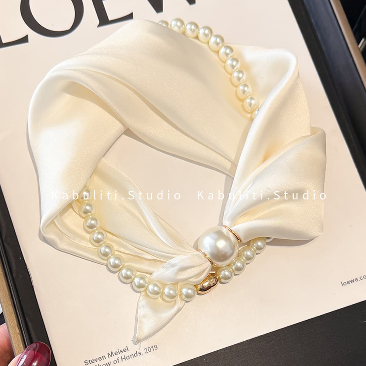 Белое жемчужное ожерелье с магнитной пряжкой, узкий длинный шелковый шарф для ушей, женский шарф на шею с рубашкой, тонкий...