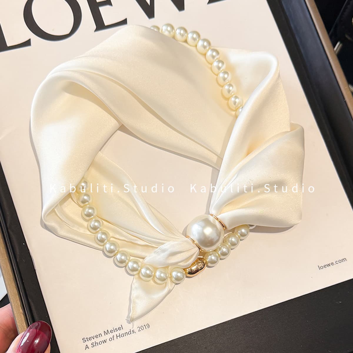 Белое жемчужное ожерелье с магнитной пряжкой, узкий длинный шелковый шарф для ушей, женский шарф на шею с рубашкой, тонкий...