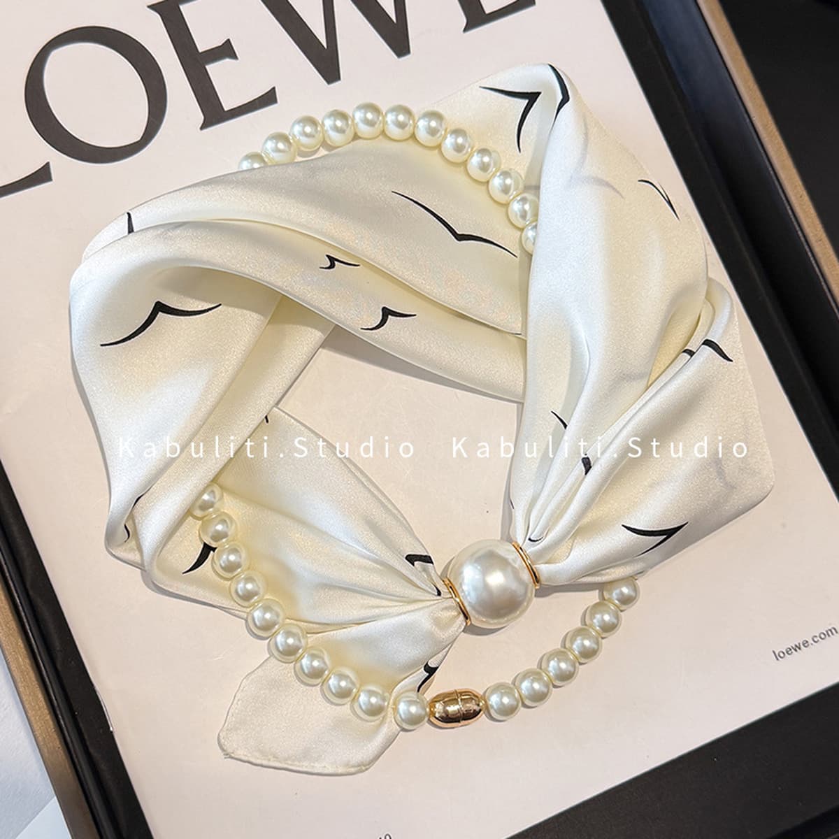 Белое жемчужное ожерелье с магнитной пряжкой, узкий длинный шелковый шарф для ушей, женский шарф на шею с рубашкой, тонкий...