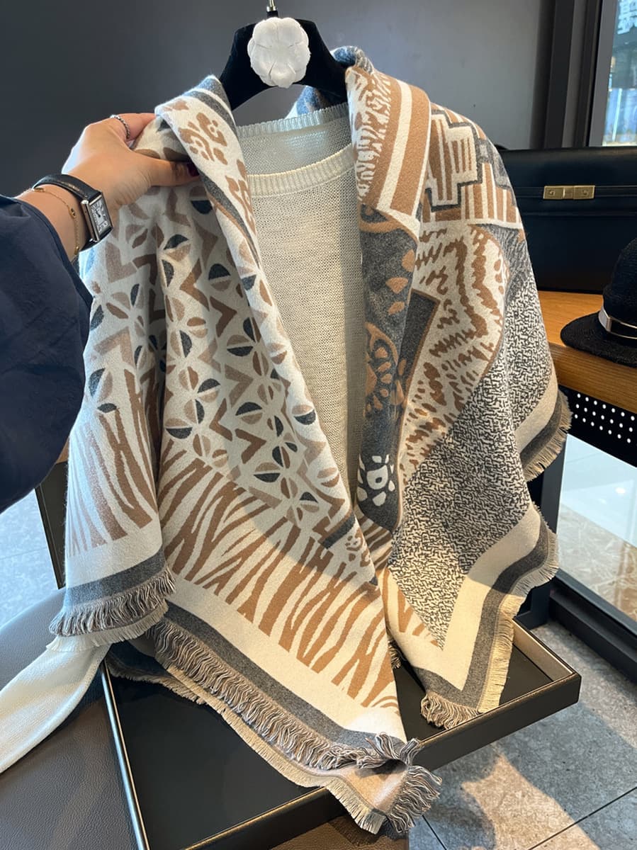 Осенний и зимний короткий бородой большой квадратный платок платок женский двухсторонний толстый имитационный кашемир теплый...