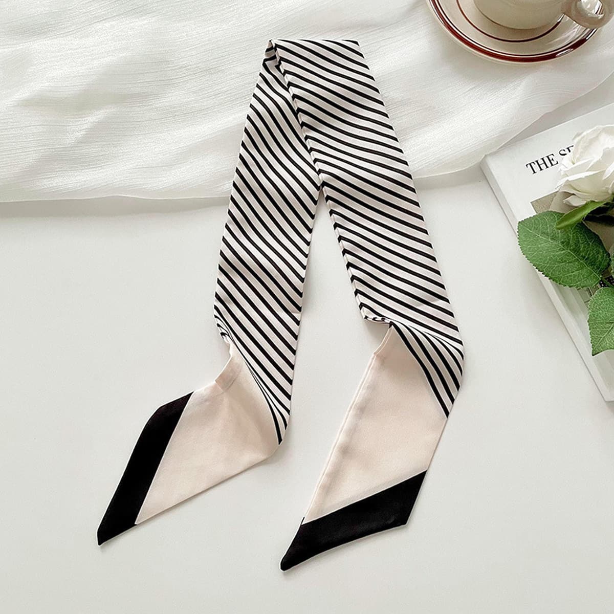Узкий длинный маленький шелковый шарф женский на весну и лето универсальная черная полосатая сумка для галстуков в Корейском...