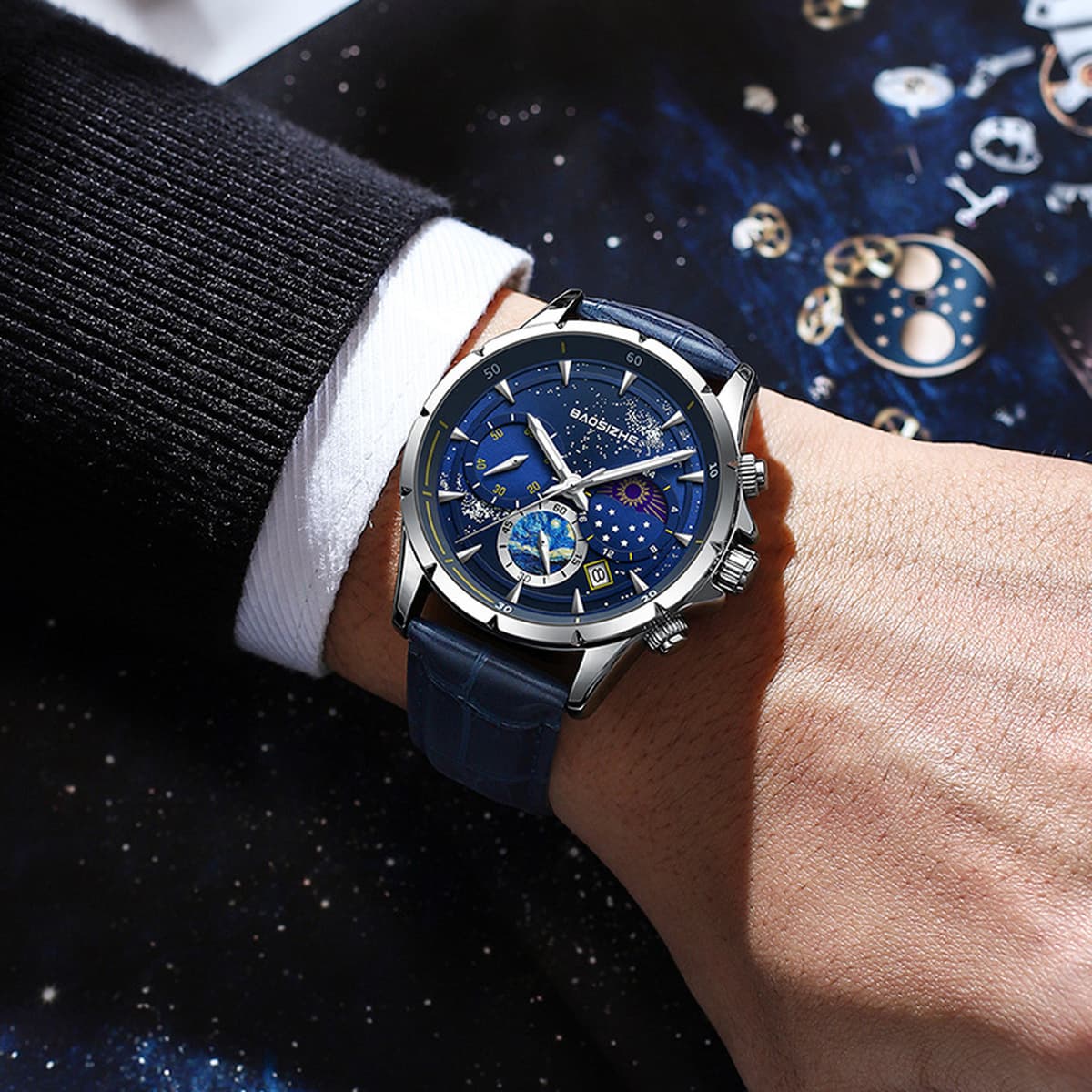 Мужские часы Starry Sky, водонепроницаемые, светящиеся, с изображением солнца, луны и звезд, многофункциональные,...