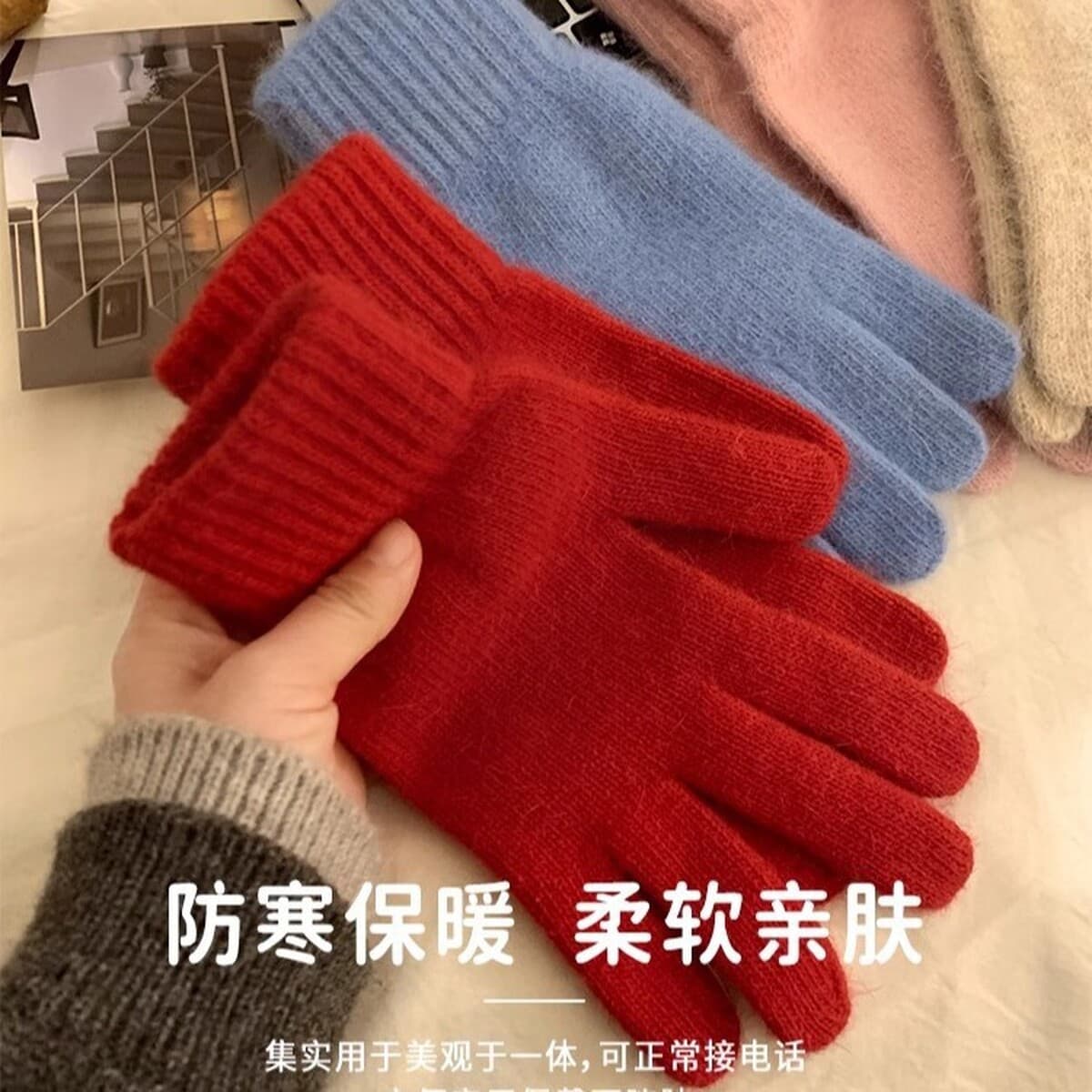 Вязаные шерстяные перчатки из красного кроличьего меха для женщин, осень-зима 2024, утолщенные, теплые и морозостойкие, с...