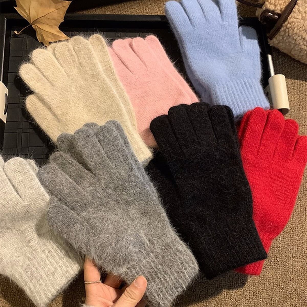 Вязаные шерстяные перчатки из красного кроличьего меха для женщин, осень-зима 2024, утолщенные, теплые и морозостойкие, с...