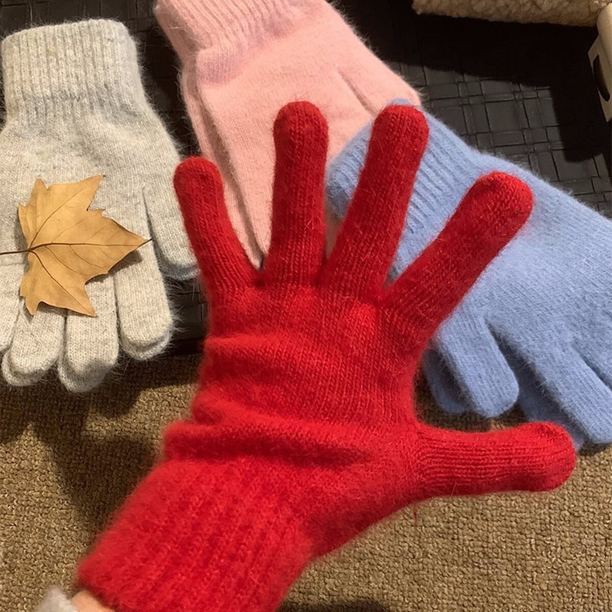 Вязаные шерстяные перчатки из красного кроличьего меха для женщин, осень-зима 2024, утолщенные, теплые и морозостойкие, с...