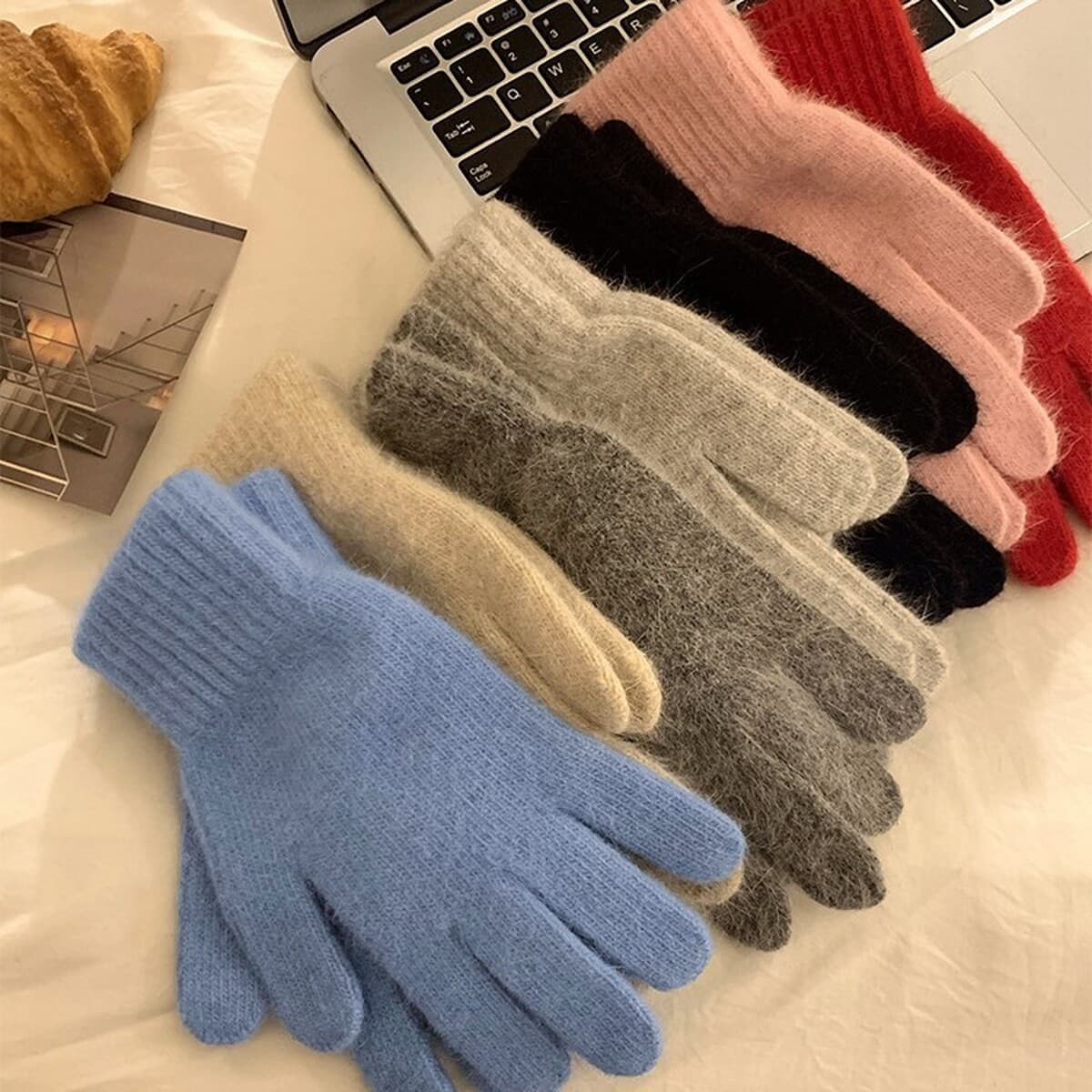 Вязаные шерстяные перчатки из красного кроличьего меха для женщин, осень-зима 2024, утолщенные, теплые и морозостойкие, с...