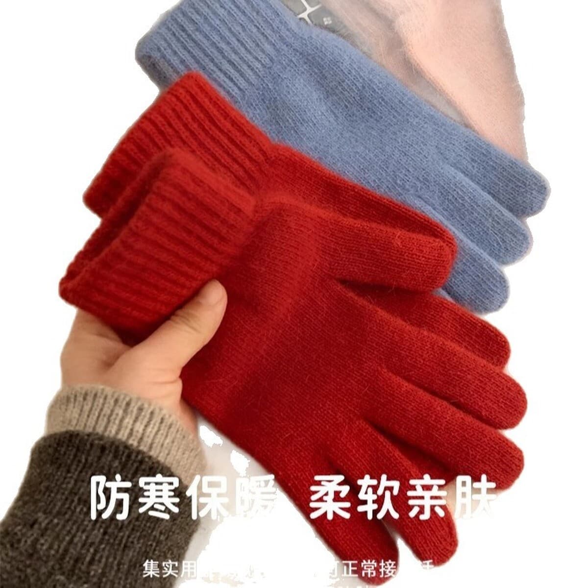 Вязаные шерстяные перчатки из красного кроличьего меха для женщин, осень-зима 2024, утолщенные, теплые и морозостойкие, с...