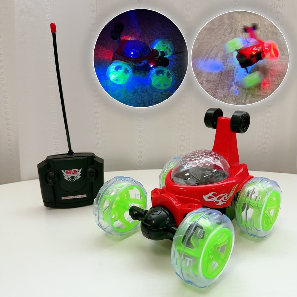 Детский электрический четырехсторонний радиоуправляемый трюковой автомобиль с подсветкой, игрушечная машинка для катания,...