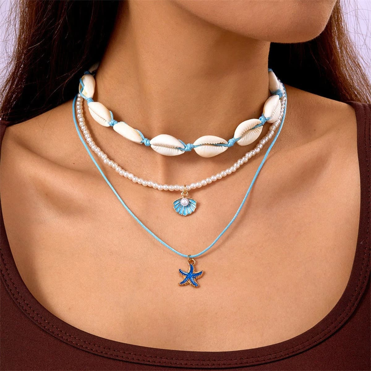 Amazon новый богемный стиль многослойная оболочка ожерелье женская мода рисовый жемчуг ожерелье ключица набор оптом