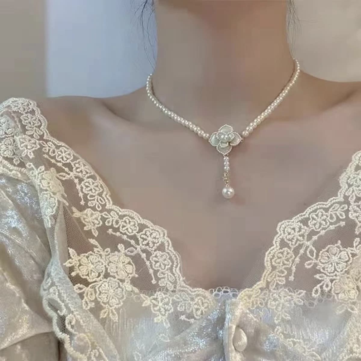 Французское ретро жемчужное ожерелье, элегантное лепесток камелии, цепочка на ключицы, свадебное ожерелье, свадебное платье,...