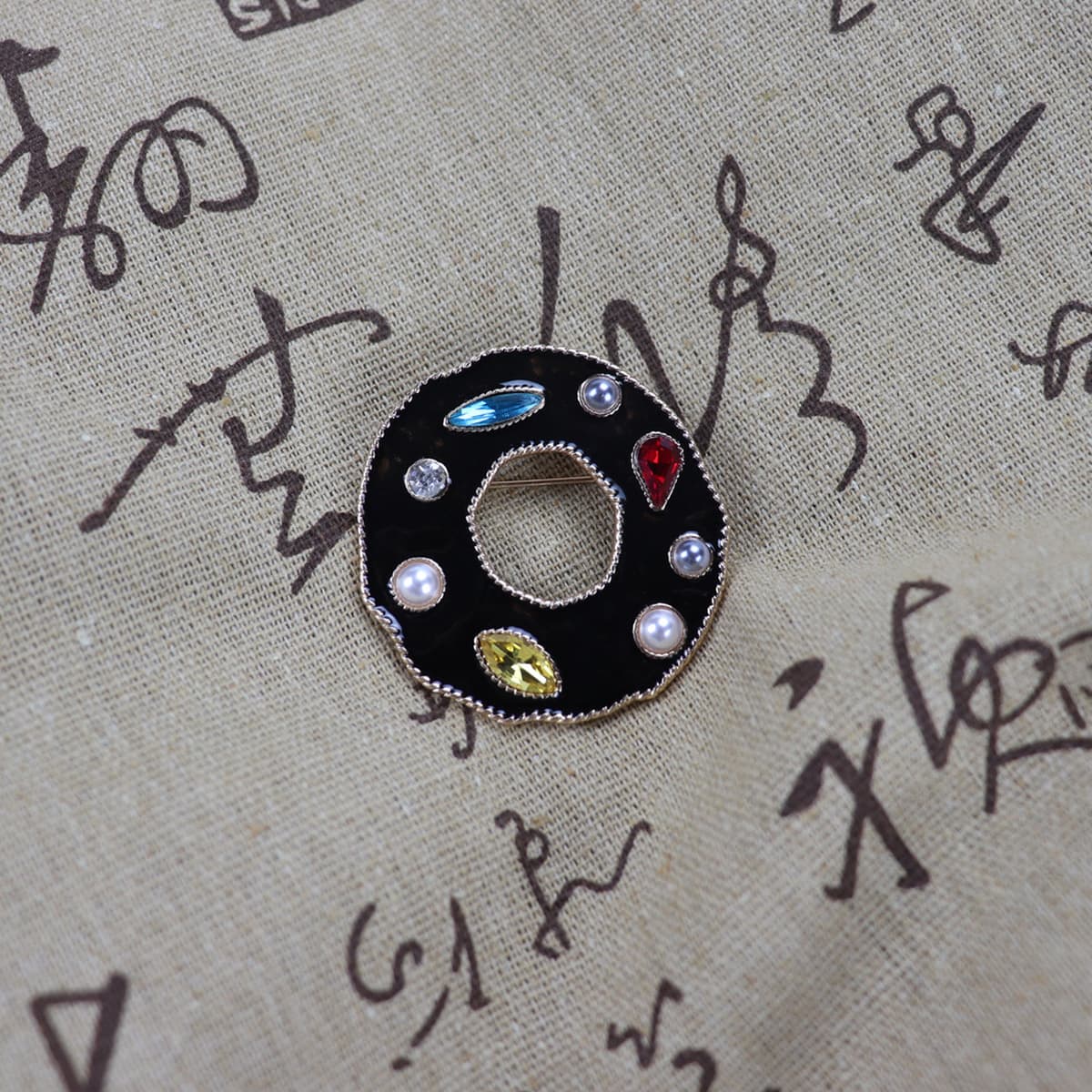 Европейский суд винтажное черное кольцо с эмалью, бриллиант, стеклянный драгоценный камень, жемчужная брошь, корсаж