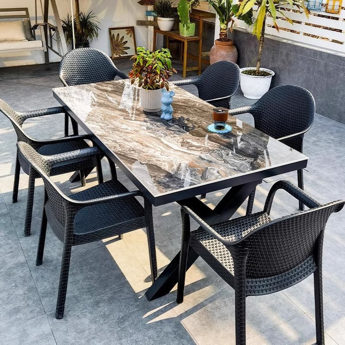 Уличные столы и стулья, внутренний двор, сад, вилла для отдыха, уличная шиферная терраса, обеденный стол, молочный чай,...